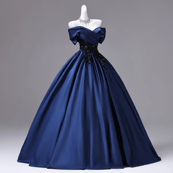 Vintage / Retro Navy Blue Beading Sequins Lace Flower Prom Dresses 2026 Ball Gown Off-The-Shoulder Short Sleeve Backless Floor-Length / Long Formal Dresses