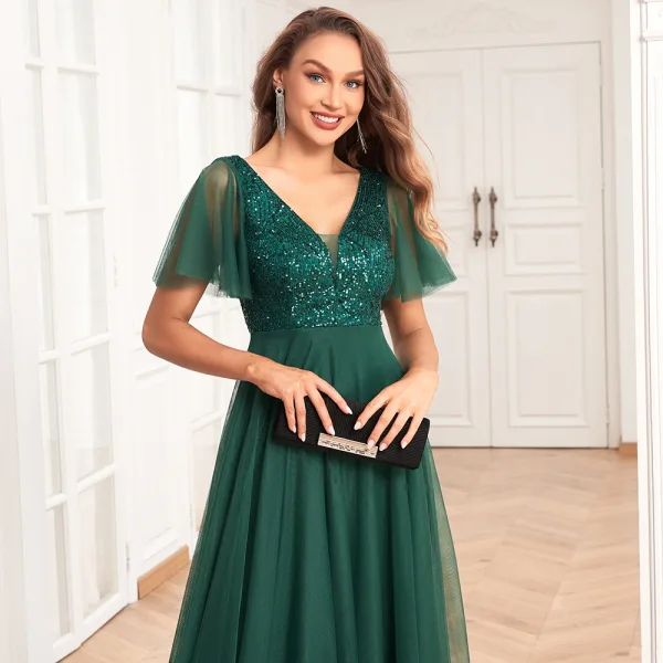 Simple Vert Foncé Paillettes Robe De Bal 2024 Princesse V-Cou Manches Courtes Dos Nu Longue Promo Robe De Ceremonie