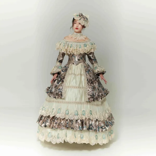 Vintage / Retro Medieval Multi-Colors Prom Dresses 2024 3D Lace Floral Printing Floor-Length / Long Off-The-Shoulder Long Sleeve Cosplay Prom Formal Dresses