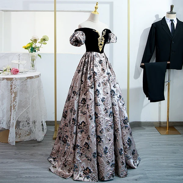 Elegant Black Printing Prom Dresses 2022 A-Line / Princess Off-The-Shoulder Puffy Short Sleeve Backless Floor-Length / Long Formal Dresses