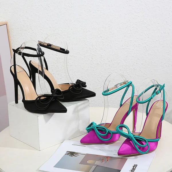 Schöne Schwarz Abend Sandalen Damen 2022 11 cm Stilettos Schleife Knöchelriemen Spitzschuh Sandaletten Hochhackige