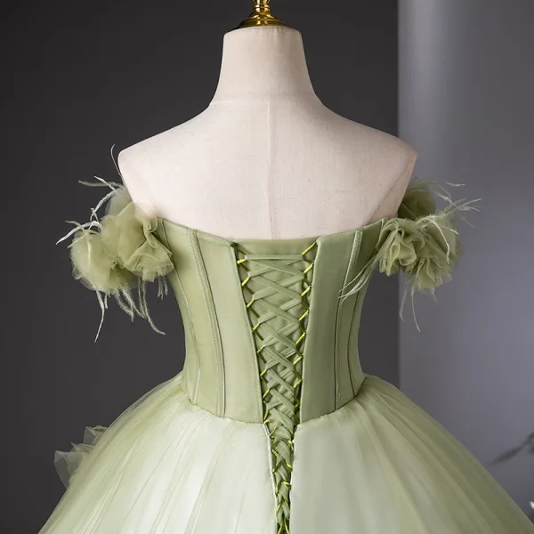 Elegant Sage Green Appliques Ball Gown Prom Dresses 2024 Strapless Sleeveless Backless Floor-Length / Long Prom Formal Dresses