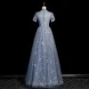 Fashion Sky Blue Beading Pearl Sequins Butterfly Appliques Prom Dresses 2023 A-Line / Princess High Neck Short Sleeve Backless Floor-Length / Long Prom Formal Dresses