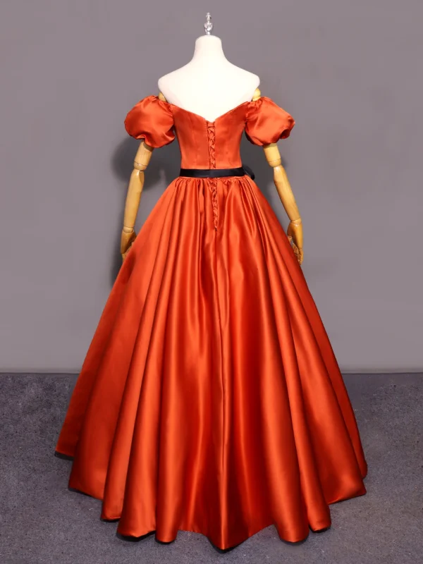 Elegant Orange Satin Prom Dresses 2024 A-Line / Princess Off-The-Shoulder Short Sleeve Backless Bow Sash Floor-Length / Long Prom Formal Dresses
