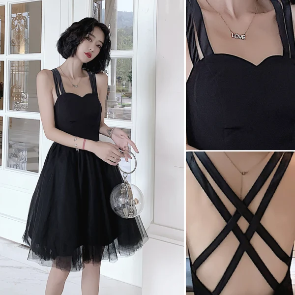 Chic / Beautiful Black Cocktail Party Party Dresses 2022 A-Line / Princess Spaghetti Straps Sleeveless Backless Floor-Length / Long Formal Dresses