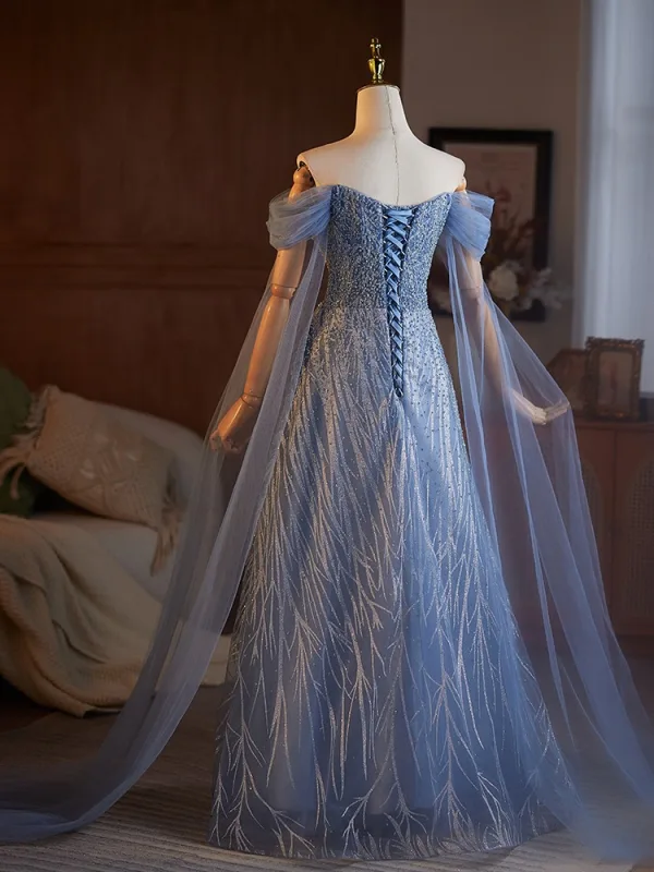 Bling Bling Sky Blue Beading Sequins Prom Dresses 2025 A-Line / Princess Off-The-Shoulder Short Sleeve Backless Floor-Length / Long Prom Formal Dresses