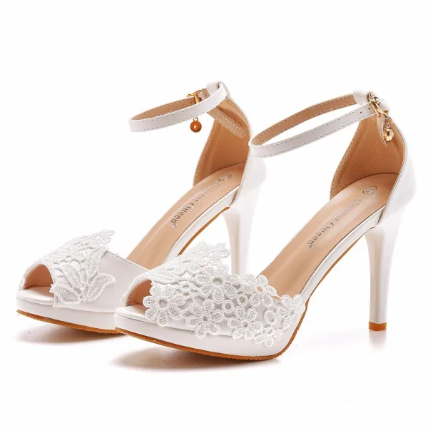 Elegant Ivory Lace Flower Wedding Shoes 2025 10 cm Stiletto Heels Ankle Strap Open / Peep Toe Wedding Sandals High Heels