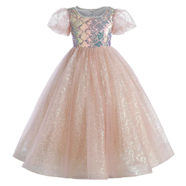 Scintillantes Champagne Glitter Paillettes Noeud Anniversaire Robe Ceremonie Fille 2024 Robe Boule Encolure Dégagée Manches Courtes Longue Tulle