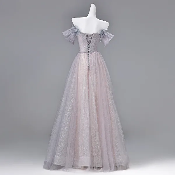 Bling Bling Lavande En Dentelle Papillon Appliques Paillettes Robe De Soirée 2026 Princesse De l'épaule Manches Courtes Dos Nu Longue Robe De Ceremonie