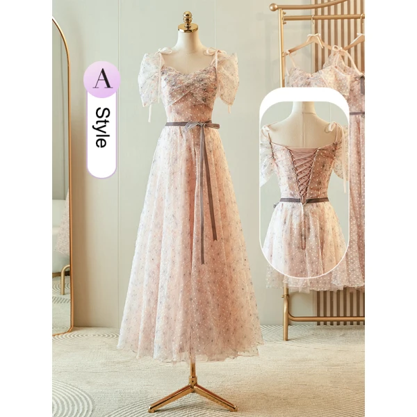 Chic / Belle Rougissant Rose Robe Demoiselle D'honneur 2023 Princesse Encolure Carrée Manches Courtes Dos Nu Noeud Ceinture Longue Robe Demoiselle D'honneur