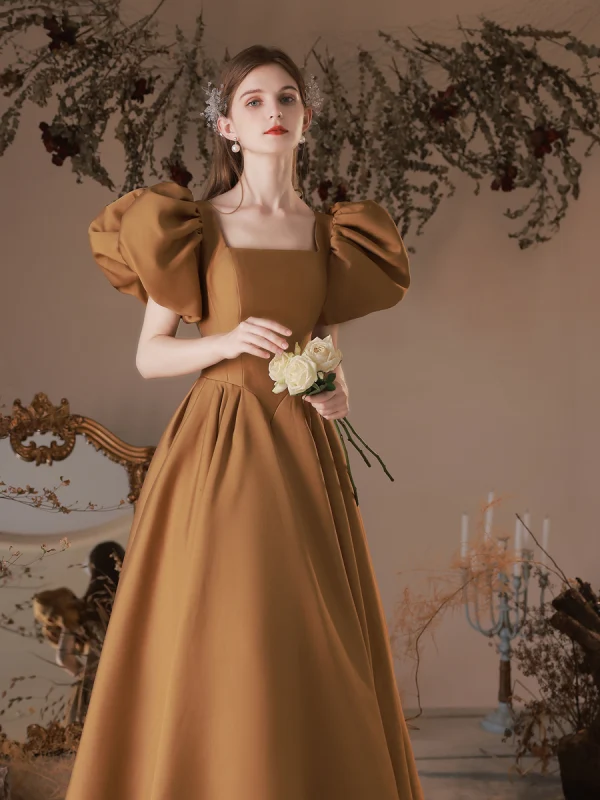 Vintage Retro Brown Satin Prom Dresses 2023 A-Line Princess Square Neckline Puffy Short Vintage Retro Brown Satin Prom Dresses 2023 A-Line Princess Square Neckline Puffy Short