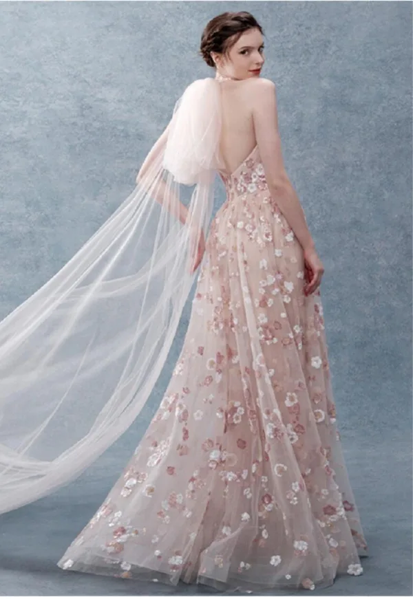 Chic / Beautiful Blushing Pink Floral Prom Dresses 2025 A-Line / Princess Halter Sleeveless Backless Floor-Length / Long Formal Dresses