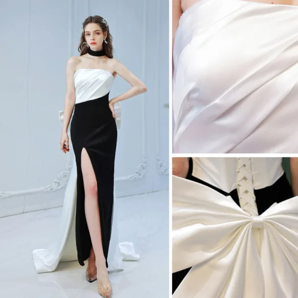 Sexy Zwei Töne Schwarz Abendkleider 2022 Meerjungfrau Satin Bandeau Ärmellos Rückenfreies Schleife Gespaltete Front Sweep / Pinsel Zug Abend Festliche Kleider