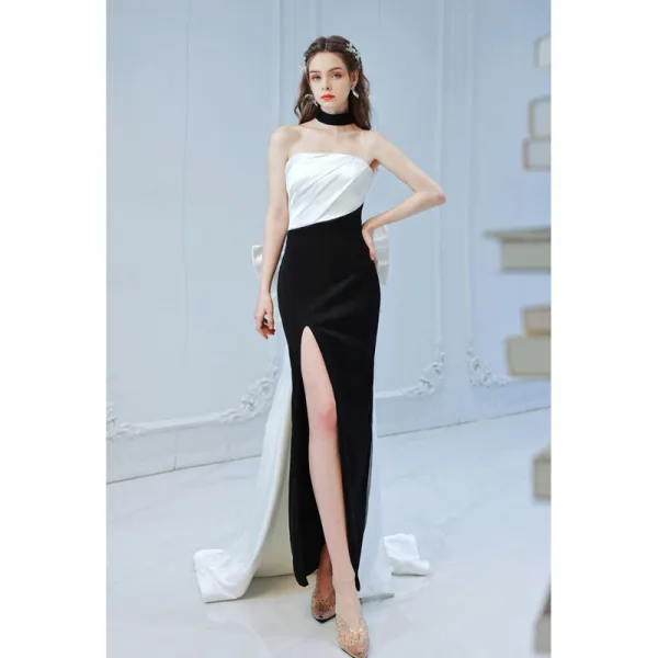 Sexy Zwei Töne Schwarz Abendkleider 2022 Meerjungfrau Satin Bandeau Ärmellos Rückenfreies Schleife Gespaltete Front Sweep / Pinsel Zug Abend Festliche Kleider