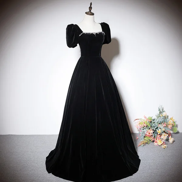 Elegant Black Suede Evening Dresses 2023 A-Line / Princess Square Neckline Short Sleeve Backless Bow Floor-Length / Long Evening Party Formal Dresses