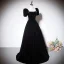 Elegant Black Suede Evening Dresses 2023 A-Line / Princess Square Neckline Short Sleeve Backless Bow Floor-Length / Long Evening Party Formal Dresses