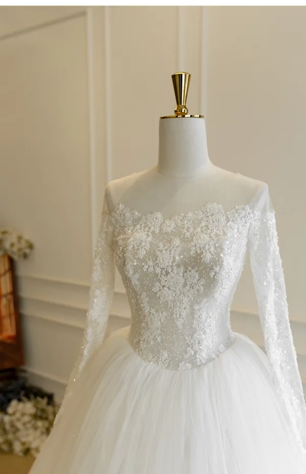 High-end White Handmade Beading Pearl Sequins Lace Flower Wedding Dresses 2026 Ball Gown Off-The-Shoulder Long Sleeve Backless Floor-Length / Long Tulle