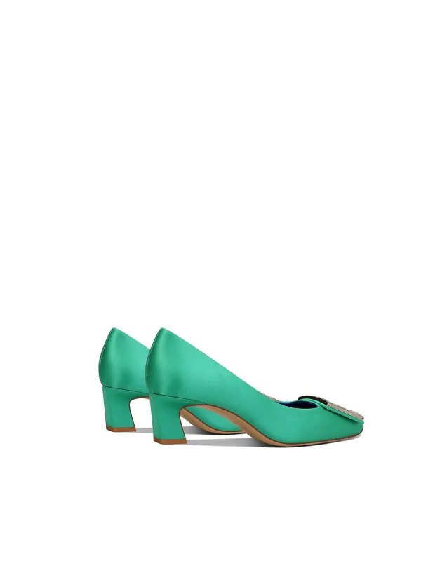 Vintage / Originale Vert Citron Faux Diamant Cuir Promo Escarpins 2026 5 cm Talons Épais Pied Carré Escarpins Talons Hauts