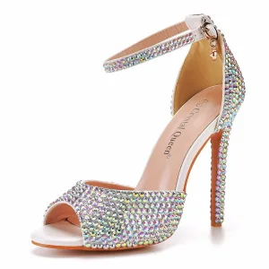 Charming White Multi Colors Rhinestone Wedding Shoes 2022 11 Cm Stiletto Heels Open Peep Toe Wedding Sandals High Heels