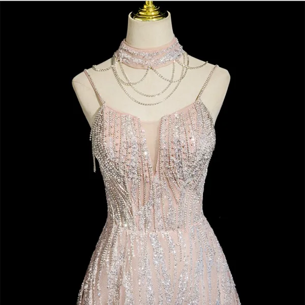 Scintillantes Rougissant Rose Perlage Faux Diamant Paillettes Robe De Bal 2025 Princesse Col Haut Sans Manches Dos Nu Longue Robe De Ceremonie