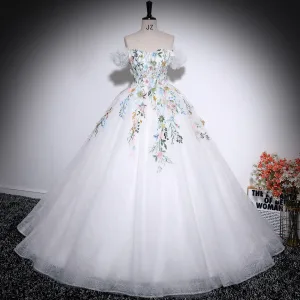 Elegant Modest Simple White Lace Flower Appliques Prom Dresses 2025 Ball Gown Off The Shoulder Sleeveless Floor Length Long Backless Formal Dresses
