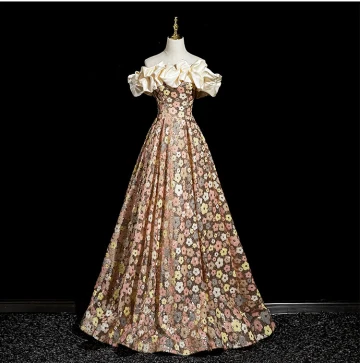 Mode Champagne Paillettes Floral Robe De Bal 2024 Princesse Volants De L Épaule Sans Manches Dos Nu Longue Promo Robe De Ceremonie