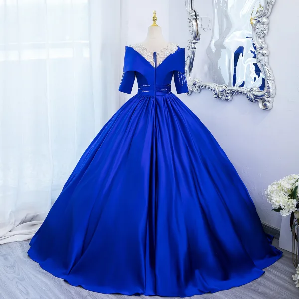 Vintage / Retro Royal Blue Beading Rhinestone Sequins Prom Dresses 2024 Organza Ball Gown Scoop Neck Short Sleeve Floor-Length / Long Prom Formal Dresses
