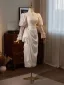 Vintage / Retro Ivory Beading Pearl Lace Flower Satin Engagement Wedding Dresses 2025 Trumpet / Mermaid High Neck Long Sleeve Backless Bow Tea-length