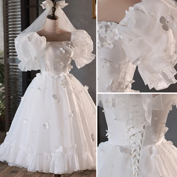Schöne Weiß Perle Applikationen Brautkleider / Hochzeitskleider 2023 A Linie Eckiger Ausschnitt Kurze Ärmel Rückenfreies Wadenlang Hochzeit