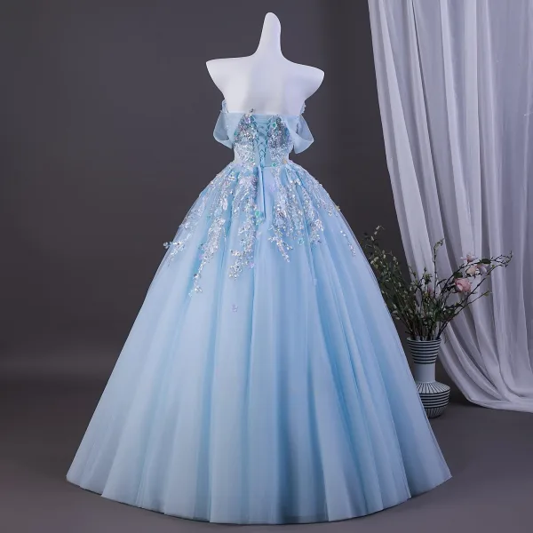 Voluminös Himmelblau Perlenstickerei Pailletten Applikationen Ballkleider 2026 Ballkleid Off Shoulder Kurze Ärmel Rückenfreies