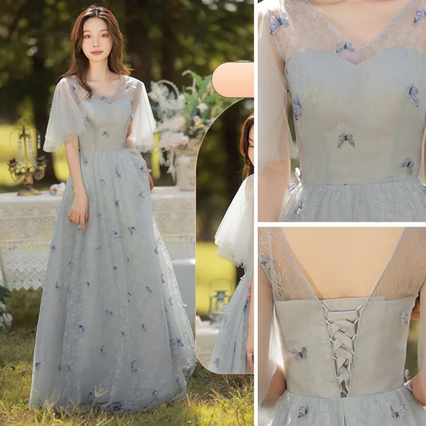Chic / Belle Bleu Ciel Papillon Appliques Robe Demoiselle D'honneur 2022 Princesse Encolure Carrée Manches Courtes Dos Nu Longue