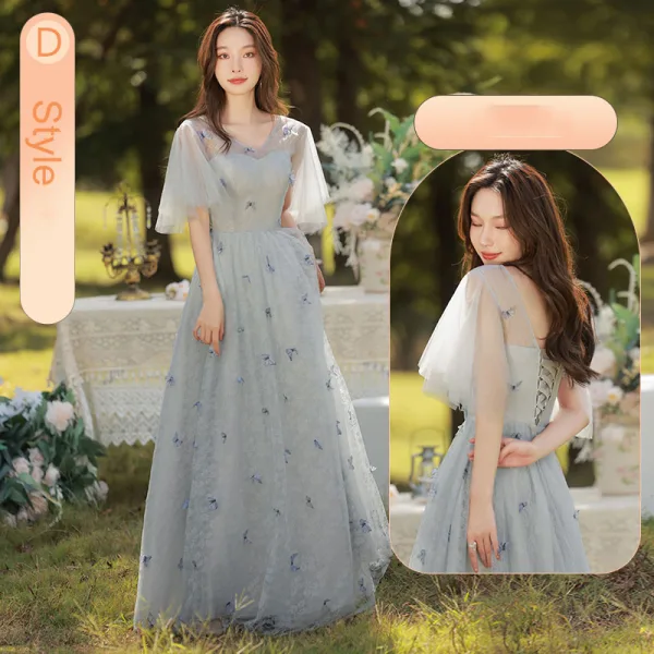Chic / Belle Bleu Ciel Papillon Appliques Robe Demoiselle D'honneur 2022 Princesse Encolure Carrée Manches Courtes Dos Nu Longue