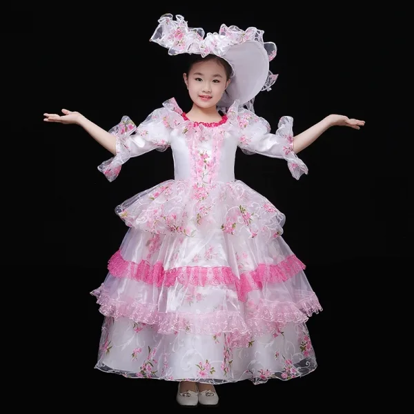 Vintage / Retro Medieval Blushing Pink Flower Girl Dresses 2024 3D Lace Printing Floral Floor-Length / Long Lace Scoop Neck 1/2 Sleeves Cosplay Prom Ball Gown Wedding Party Dresses