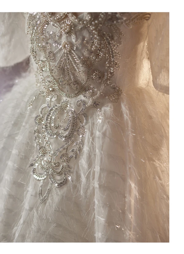Élégant Blanche Perlage Perle Paillettes En Dentelle Fleur Gland Mariage Robe Ceremonie Fille 2024 Robe Boule Encolure Dégagée Manches Courtes Longue