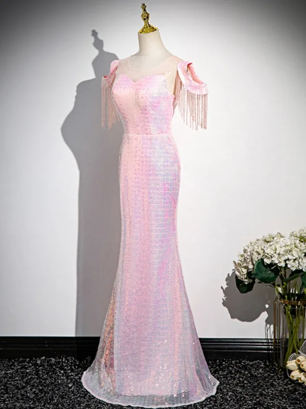 Sparkly Blushing Pink Sequins Beading Tassel Evening Dresses 2024 Trumpet / Mermaid Scoop Neck Short Sleeve Floor-Length / Long Evening Party Formal Dresses