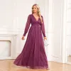 Modest / Simple Fuchsia Glitter Prom Dresses 2024 A-Line / Princess V-Neck Long Sleeve Floor-Length / Long Prom Formal Dresses