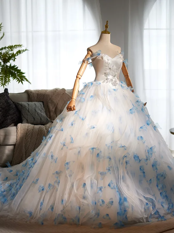 Luxury / Gorgeous White Beading Appliques Sequins Lace Flower Wedding Dresses 2025 Ball Gown Off-The-Shoulder Sleeveless Backless Sweep Train