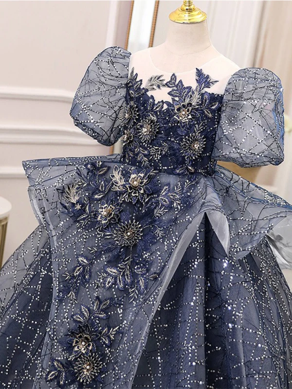 Vintage / Originale Bleu Marine Faux Diamant Paillettes En Dentelle Fleur Anniversaire Robe Ceremonie Fille 2024 Robe Boule Encolure Dégagée Manches Courtes Dos Nu Noeud Longue