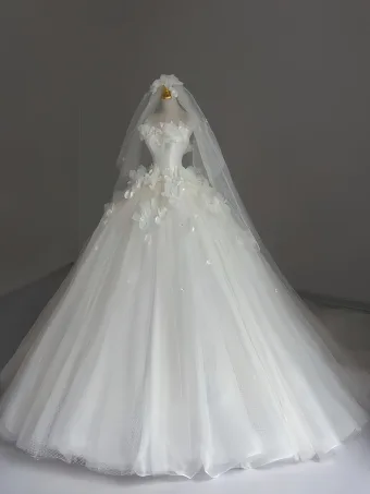 Élégant Blanche Appliques Robe De Mariée 2025 Robe Boule Bustier Sans Manches Dos Nu Chapel Train Mariage