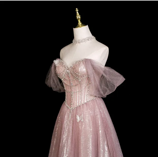 Charmant Bling Bling Rougissant Rose Perlage Faux Diamant Paillettes Robe De Bal 2025 Princesse De l'épaule Manches Courtes Dos Nu Longue Promo Robe De Ceremonie