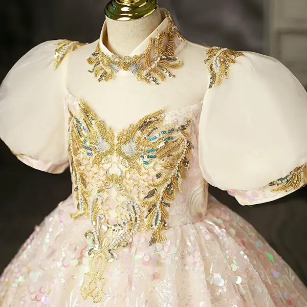 Charming Blushing Pink Beading Sequins Birthday Flower Girl Dresses 2022 Ball Gown High Neck Puffy Short Sleeve Floor-Length / Long Flower Girl Dresses