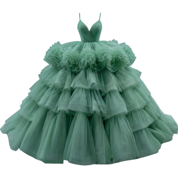 Haut de Gamme Vert Cendré Volants en Cascade Volants Robe De Bal 2022 Robe Boule Bretelles Spaghetti Sans Manches Dos Nu Longue Robe De Ceremonie