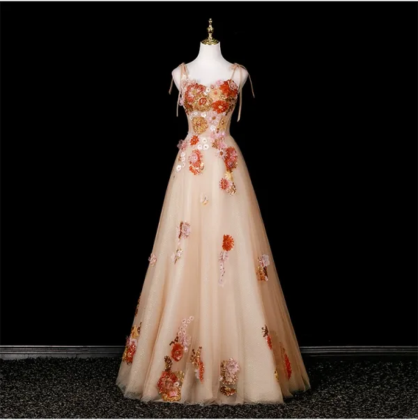 Fashion Champagne Sequins Appliques Prom Dresses 2025 A-Line / Princess Spaghetti Straps Sleeveless Backless Floor-Length / Long Formal Dresses
