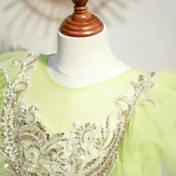 Chic / Beautiful Lime Green Ball Gown Birthday Cascading Ruffles Sequins Flower Girl Dresses 2022 Scoop Neck Short Sleeve Floor-Length / Long Flower Girl Dresses