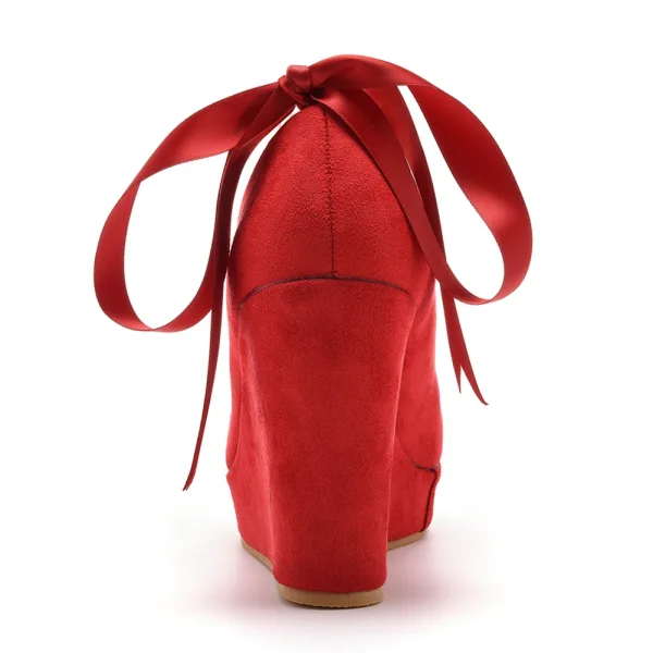 Chic / Beautiful Red Evening Party Pearl T-Strap Bow Womens Shoes 2023 10 cm Wedges Round Toe Womens Shoes