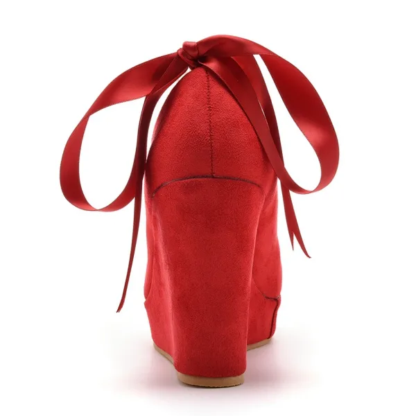 Roman Red Pearl Ankle Strap Bow Prom Womens Shoes 2025 10 cm Wedges Round Toe Womens Shoes