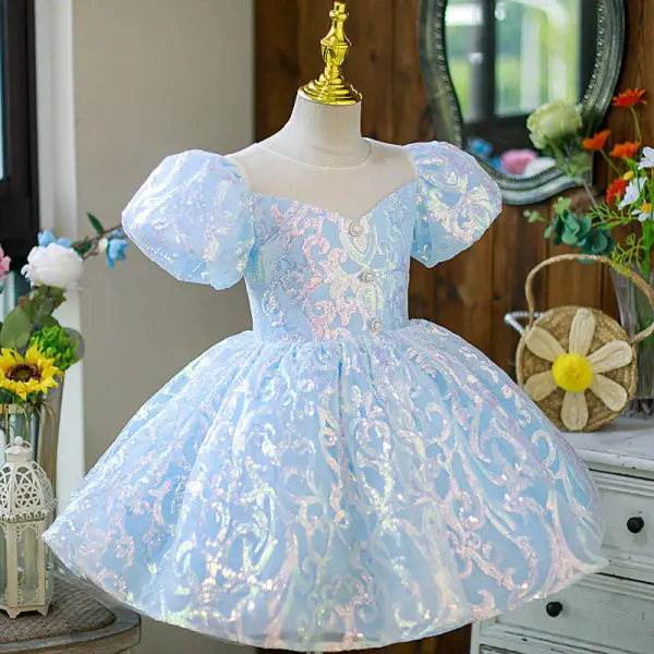 Sparkly Sky Blue Pearl Sequins Birthday Flower Girl Dresses 2022 Ball Gown Scoop Neck Puffy Short Sleeve Backless Short Flower Girl Dresses