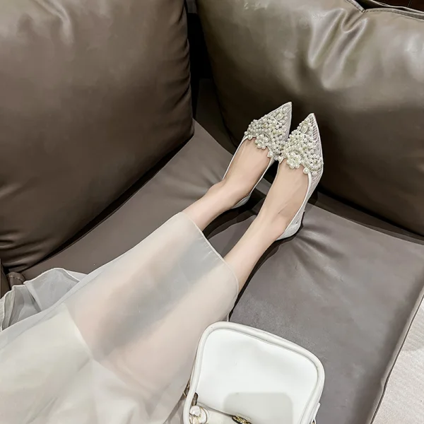 Chic / Beautiful White Pearl Sequins Flat Wedding Shoes 2024 Leather Pointed Toe Wedding Pumps