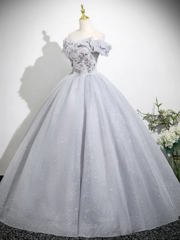 Schöne Silber Grau Applikationen Perlenstickerei Pailletten Ballkleider 2025 Ballkleid Off Shoulder Kurze Ärmel Rückenfreies Lange Festliche Kleider