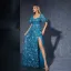Vintage / Retro Pool Blue Lace Flower Split Front Prom Dresses 2025 A-Line / Princess Square Neckline Short Sleeve Floor-Length / Long Prom Formal Dresses